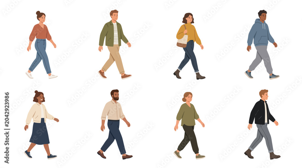 Fototapeta premium Diverse Individuals Walking Flat Vector Illustration Set for Everyday Lifestyle and Human Activity