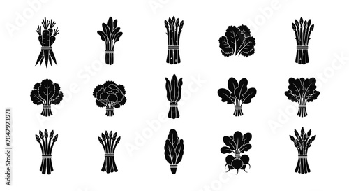 Foto Bunches of various leafy vegetables and greens in black silhouette on white back