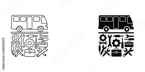 Bus with mechanic tools icon set illustration