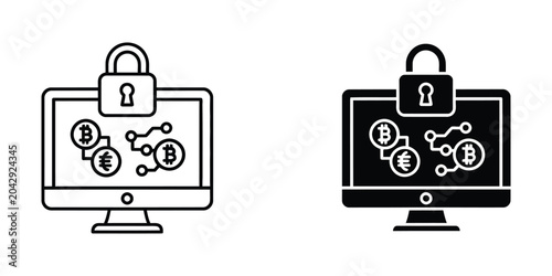 Photography Secure cryptocurrency and blockchain icons on computer screens