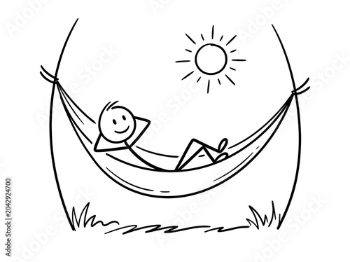 Stick person lying in a hammock on white background, ideal for summer posters, travel blogs, resort ads, or websites.