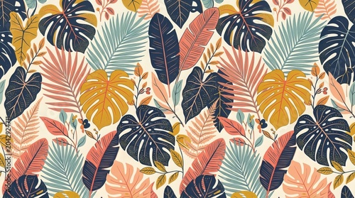 Seamless Tropical Leaf Pattern with Monstera and Palm Fronds in Retro Colors