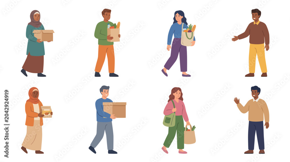 Fototapeta premium Diverse people carrying groceries, flat illustration, shopping, healthy food