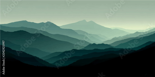 Photos Misty mountain range panorama at dawn, layers cool teal hills receding distance, evoking tranquil solitude and majestic grandeur