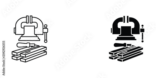 Canvastavla Black and white vice clamp pressing wood planks icon