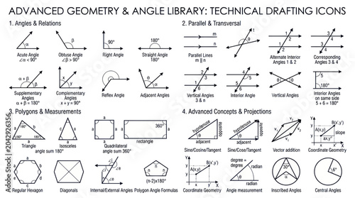Fotografie Advanced Geometry and Angle Library: Technical Drafting Icons for Education and