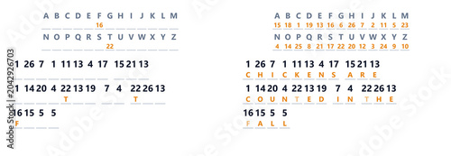 Cryptogram puzzle with encoded letters and numbers on white background  