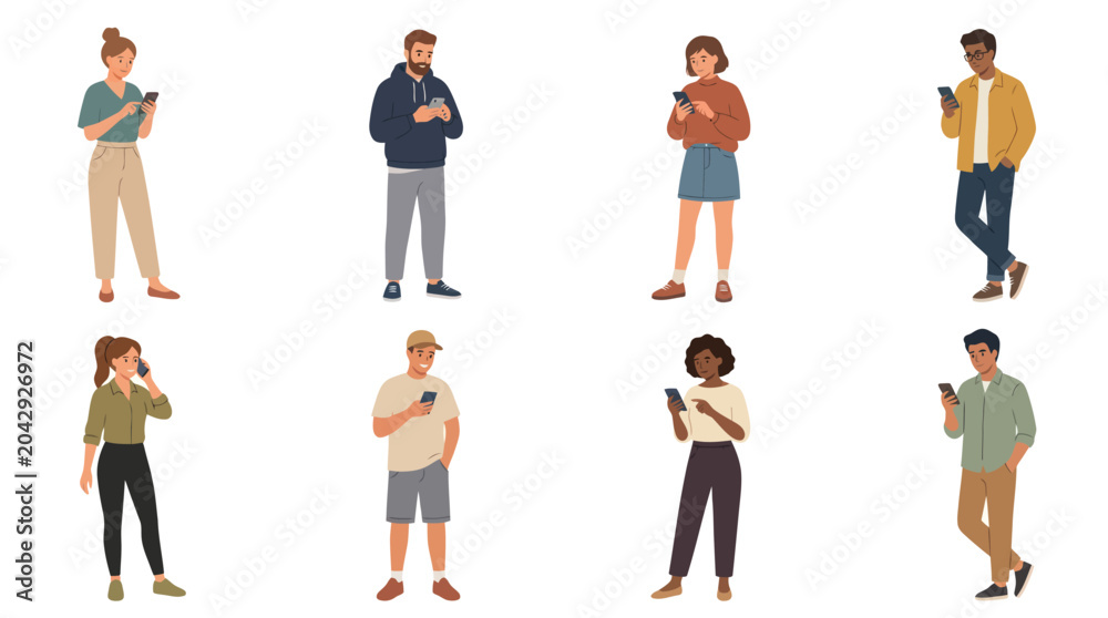 Fototapeta premium Diverse People Using Smartphones Flat Vector Illustration. Digital Communication, Online Connection, Modern Mobile Technology Lifestyle.