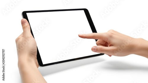 Person touching tablet screen with finger in modern interface setup