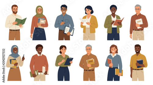 Diverse group of educators holding books, flat vector illustration