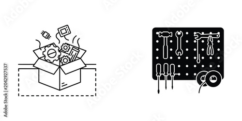 Foto Open electronics kit box with tools on breadboard