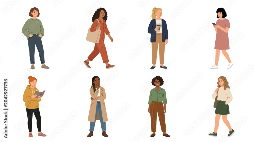Fototapeta premium Diverse Young Women Collection in Everyday Poses - Modern Flat Vector Illustration Set