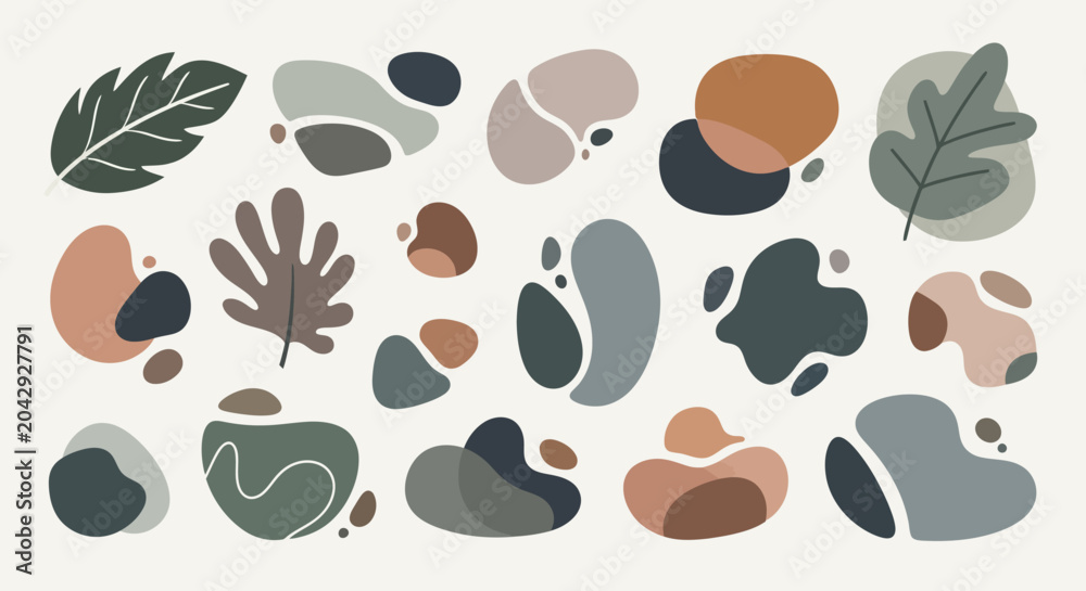 Fototapeta premium Abstract organic shapes and leaves, minimalist, earthy tones