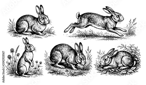 Photography Vintage Rabbit Sketch Collection Featuring Hand Drawn Woodland Animal Illustrati