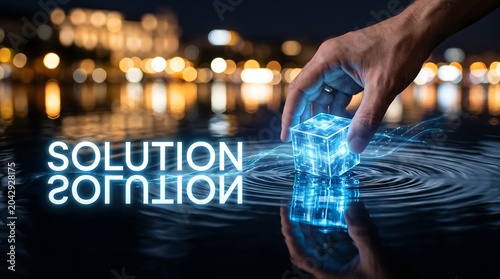 Digital Solution Concept for Business Innovation and Strategic Problem Solving. Hand interacts with glowing technology cube, symbolizing future growth.