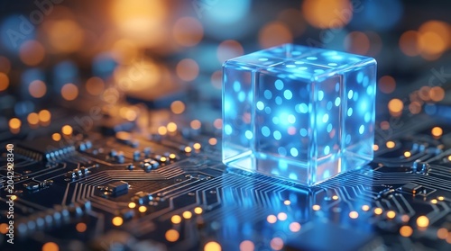 Futuristic AI Technology background with digital data cube on circuit board, symbolizing cybersecurity, blockchain innovation and global network solutions.