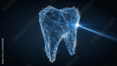 Digital futuristic tooth illustration glowing blue with technology and health theme