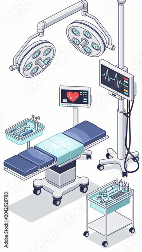 Modern hospital operating room with surgical lights medical monitors and surgical table