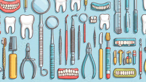 Comprehensive Dental Tools Collection with White Teeth and Bright Oral Care Equipment
