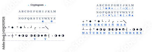 Fotografía Cryptogram with symbol patterns and encoded message on white background