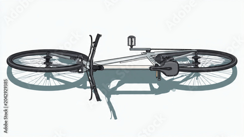 High-angle view of red and black bicycle with shadow on a white background for urban transportation
