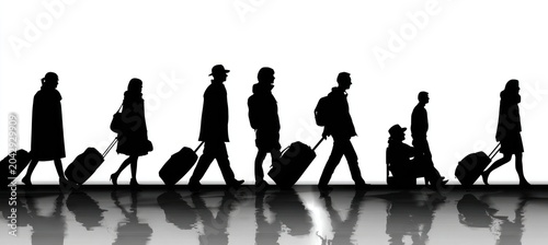 Silhouettes of travelers with luggage in staggered formation against a white background