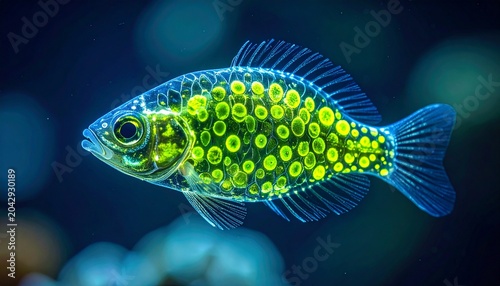 Close-up of a vibrant blue and yellow fish swimming in dark water.