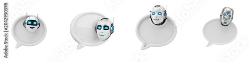 Set of AI robot heads with speech bubbles for chatbot communication