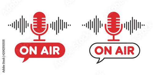 Slika na platnu Live On Air Microphone Sound Icon with Broadcasting Audio Waves, Radio Studio Sy