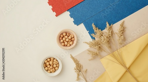 Overhead shot of chickpeas in bowls with decorative elements and colorful paper.