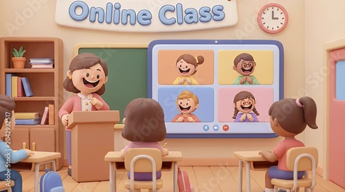 Cartoon classroom with teacher and students online education concept