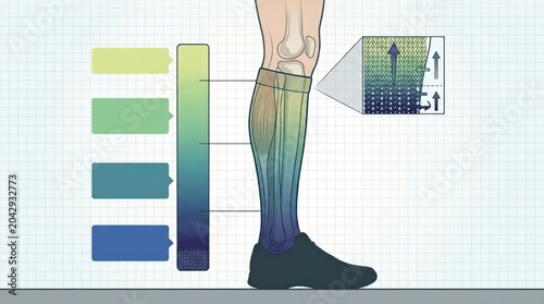 Gradient compression sock design illustration with color variations and airflow diagram details