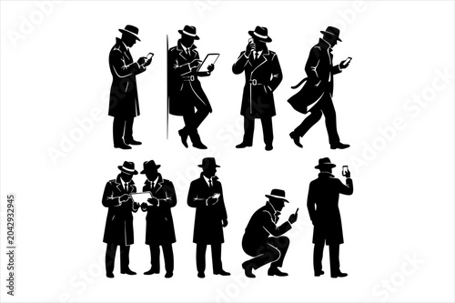Fotografi Set of detective silhouettes in trench coats and fedoras conducting surveillance