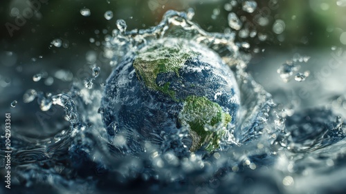 Water splashes around a globe showing Earth with details of continents in a close-up view during a creative scene