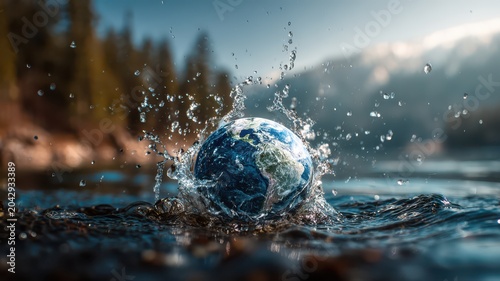 Water splashes around a globe as it hits the surface of a lake during daylight near mountains and trees