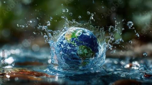 Water splash with a globe representation in a natural setting showing the earth's continents and oceans during daytime