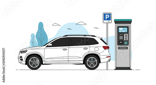 Modern white crossover SUV parked at a designated street spot next to a digital parking payment meter station.