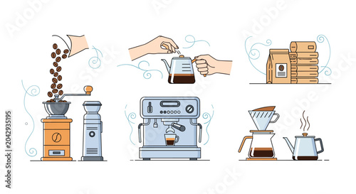 Foto Professional barista tools and equipment for specialty coffee preparation including grinders espresso machines and bags