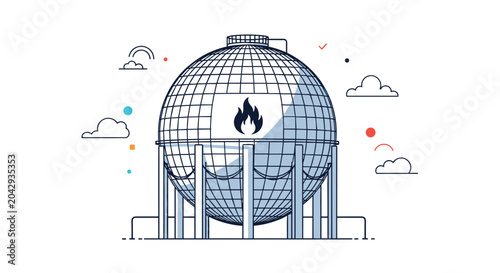 Photos Massive spherical gas storage tank with a flame icon used for industrial fuel containment in an energy facility environment
