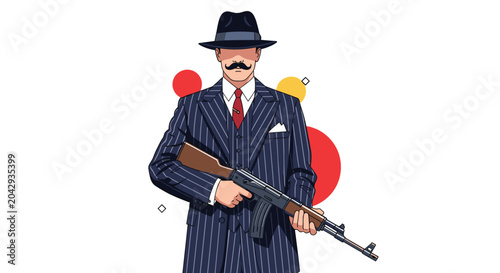 Tableau sur toile Mafia gangster character dressed in a classic pinstripe suit and fedora hat holding an automatic rifle in a serious pose