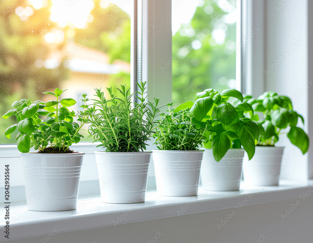 Fototapeta premium Fresh Potted Kitchen Herbs on a Bright Windowsill