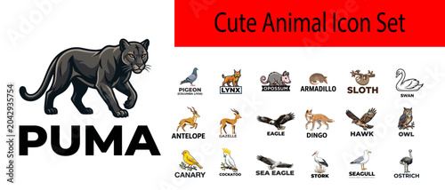 Canvas Print Cute Animal Icon Set with Puma and Wildlife Illustrations