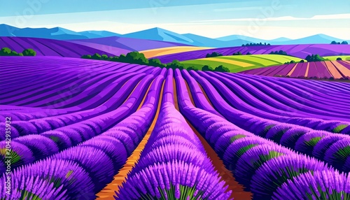 Purple lavender field under dramatic sky at golden hour.