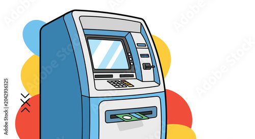 Schilderij op canvas Blue automated teller machine or ATM dispensing a green banknote from the cash slot against a colorful abstract circle background