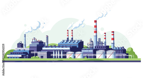 Canvas Print Large scale industrial manufacturing plant with numerous factory buildings, smokestacks, and storage tanks under a clear sky