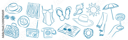summer beach vacation doodle set outline style with sun hats, sunglasses, swimsuit, beach towel, flip flops, radio, seashells, umbrella, cocktail glass, book Whimsical Amalfi sketches line stickers