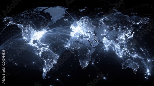 Global digital connections illustrate network activity and data flow across the world from various locations during nighttime