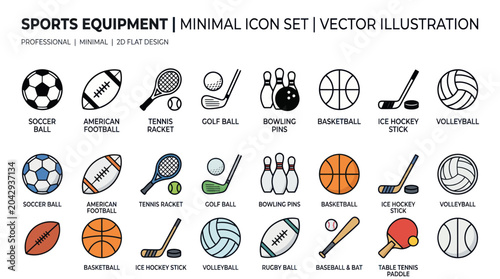 Photography Sports Equipment Icons Set: Soccer, Tennis, Golf, Bowling, Basketball, Hockey, V