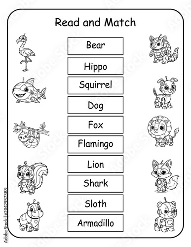 STEM-inspired printable read and match worksheets featuring robot animals for preschool and kindergarten. Kids read each robo animal word and draw a line to its matching picture, building words