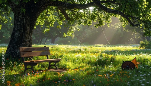 Serene forest park bench surrounded by lush greenery.